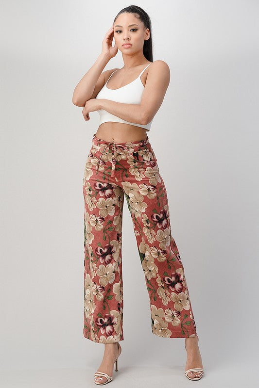 LIGHT WEIGHT CORDUROY FLORAL WIDE LEG PANTS