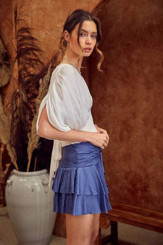 V-NECK SMOCKED TIE DETAIL TOP