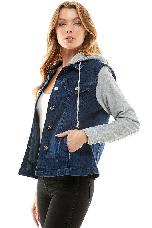 Spendex Ladies Denim Jacket with Fleece Hoodie