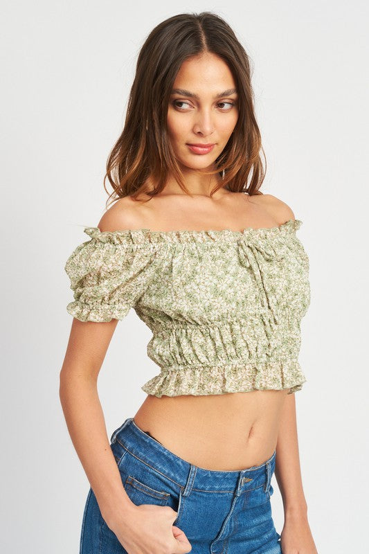 CAP SLEEVE SHIRRED FLORAL TOP