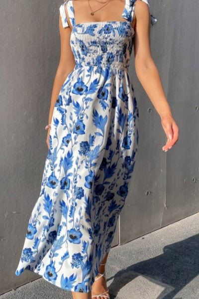 Floral smocked tie strap midi dress