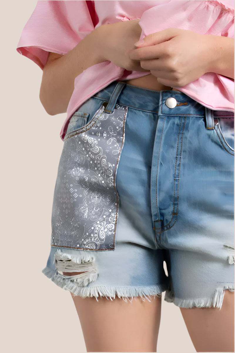 Paisley pocket patchwork washed denim shorts