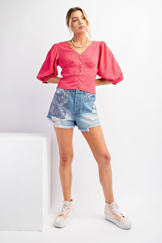 Paisley pocket patchwork washed denim shorts
