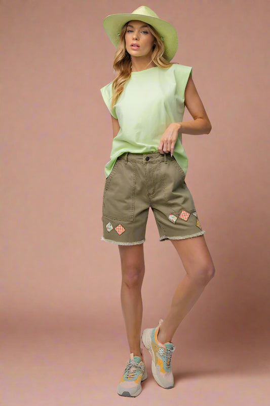 Olive twill Patchwork shorts