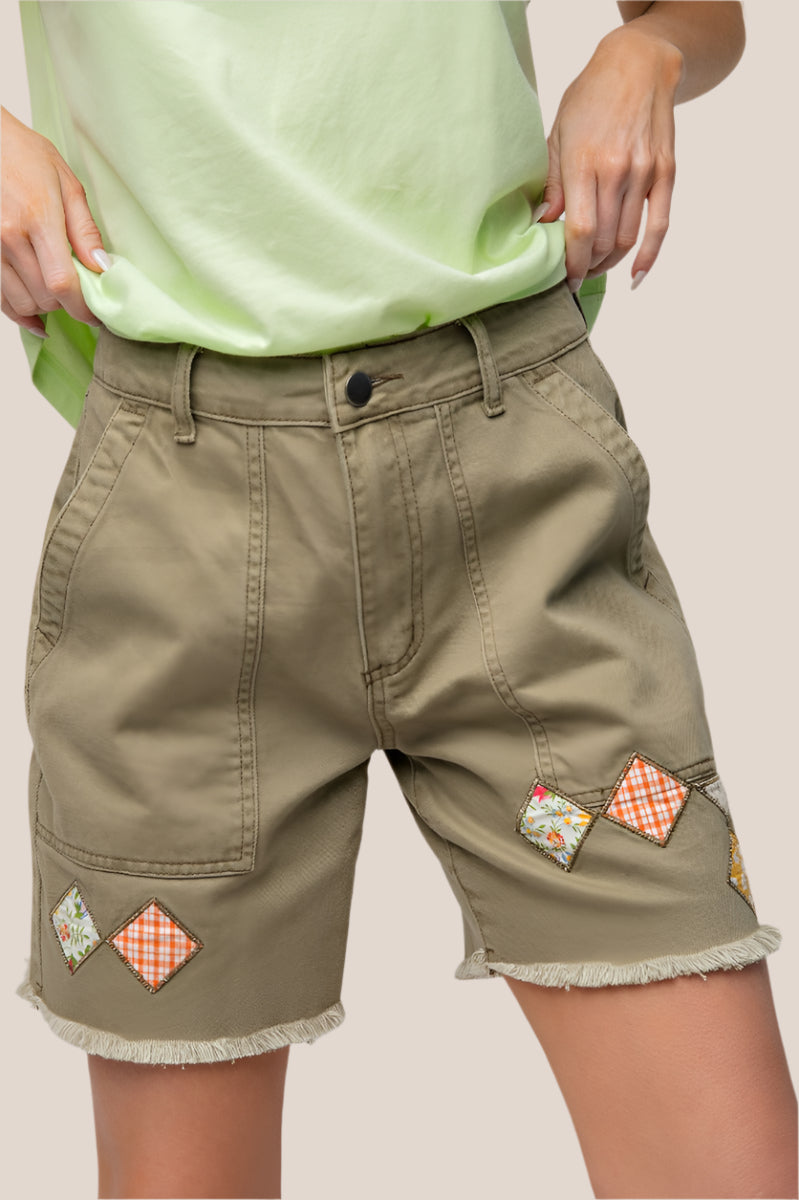 Olive twill Patchwork shorts