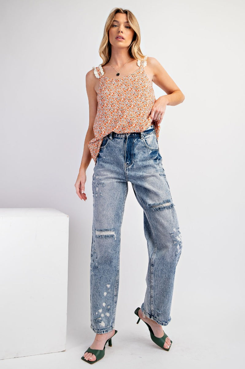 High waisted distressed washed denim