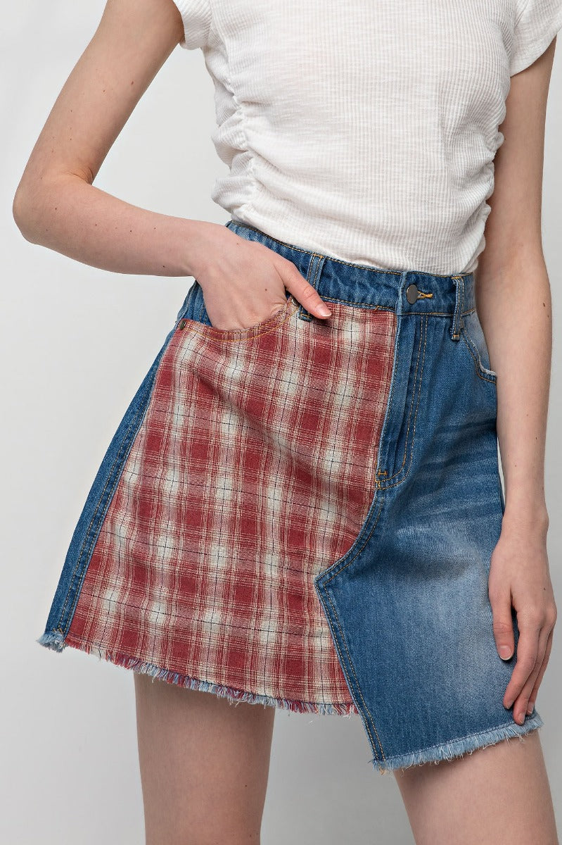 Dark washed plaid mix mini skirt