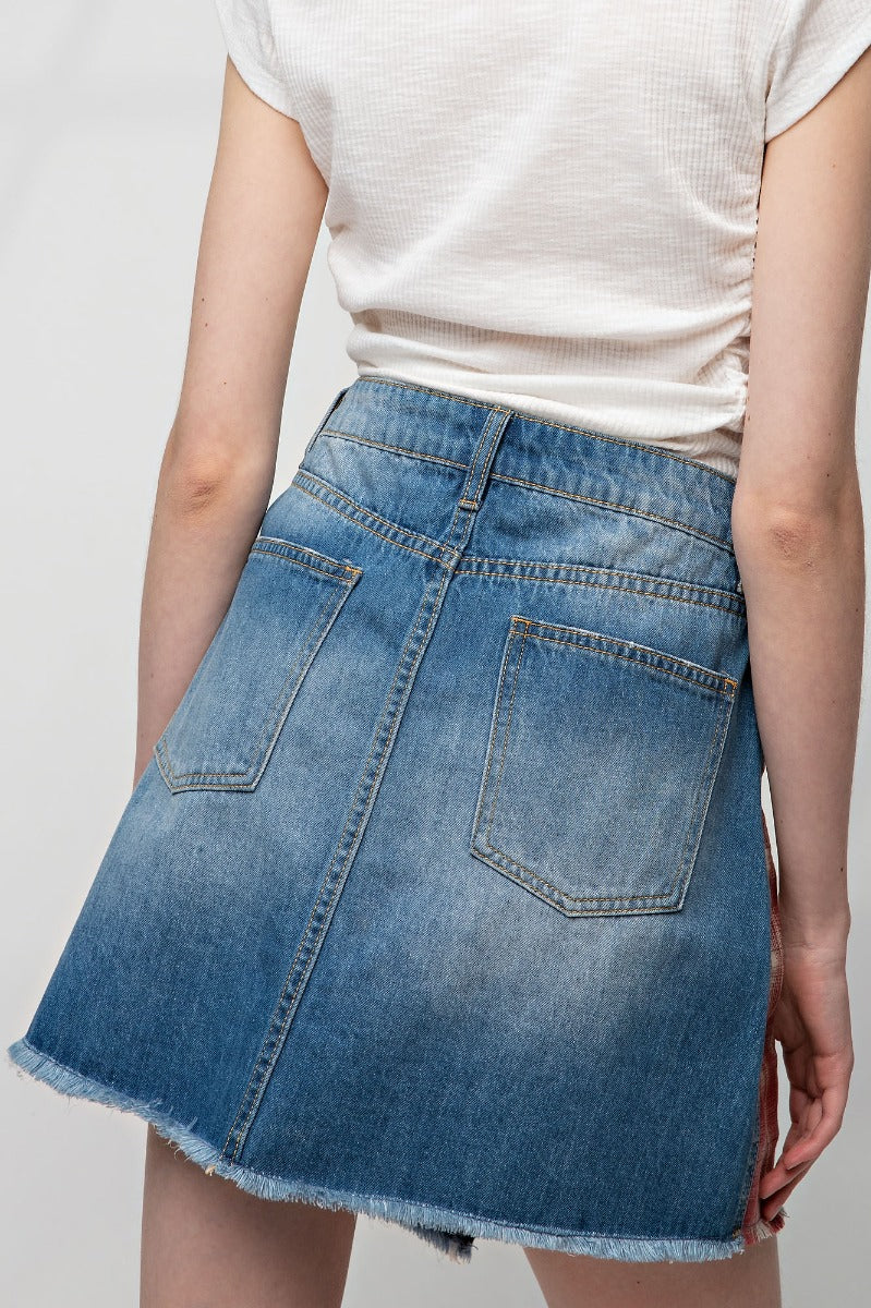 Dark washed plaid mix mini skirt