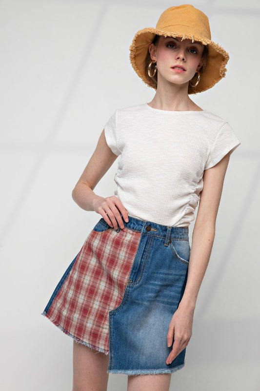 Dark washed plaid mix mini skirt