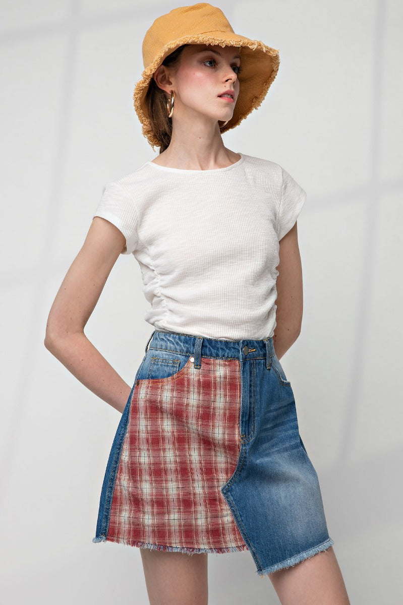 Dark washed plaid mix mini skirt