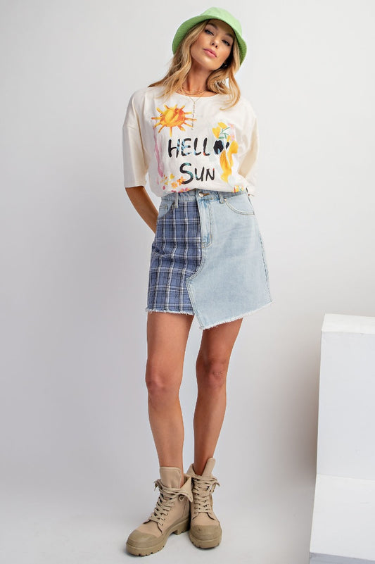 Light washed plaid mix mini skirt