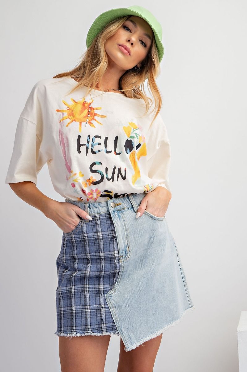 Light washed plaid mix mini skirt