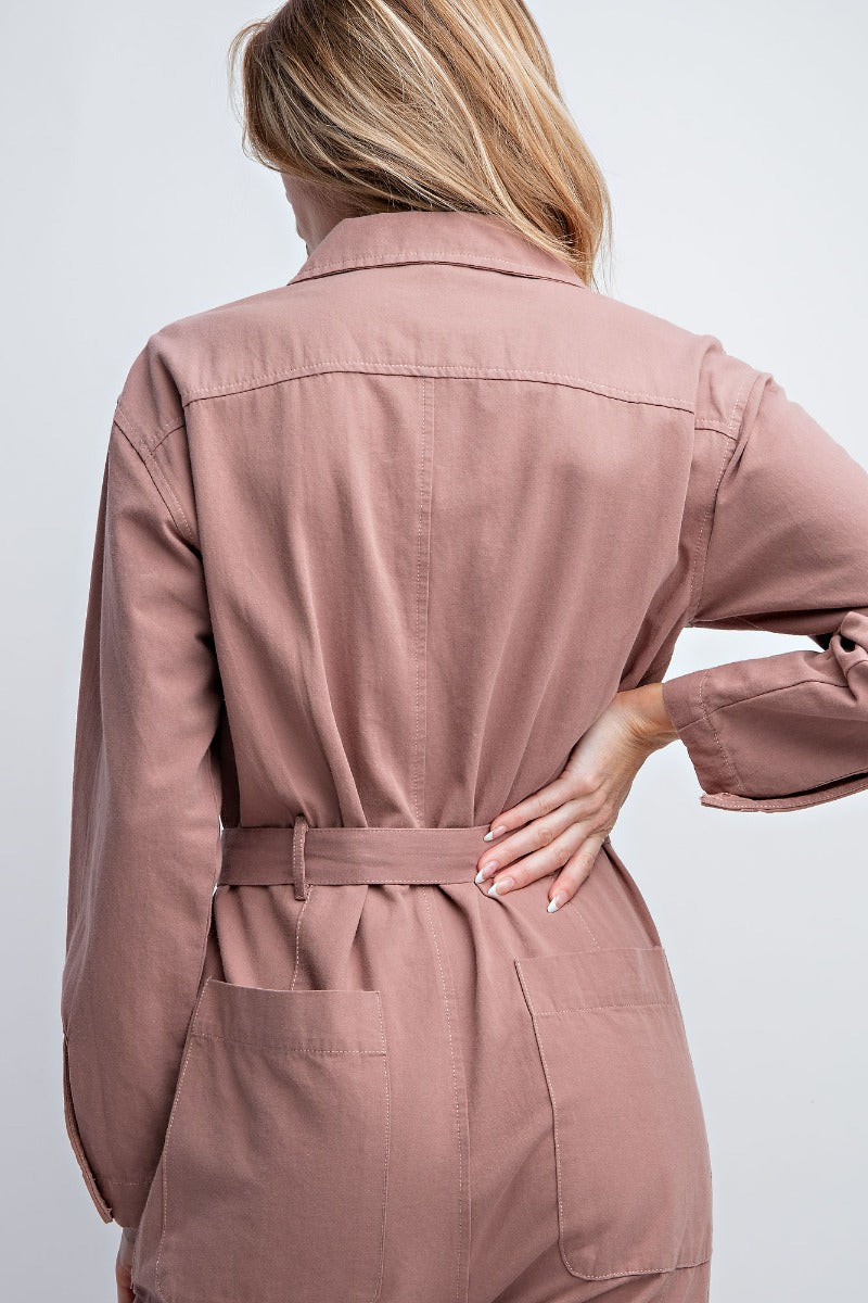 Mauve twill button down jumpsuit