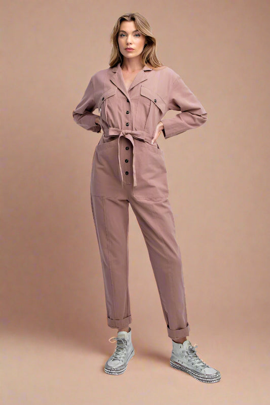 Mauve twill button down jumpsuit