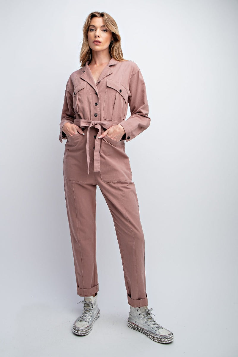 Mauve twill button down jumpsuit