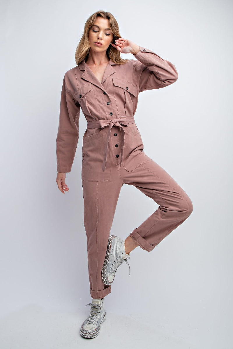 Mauve twill button down jumpsuit
