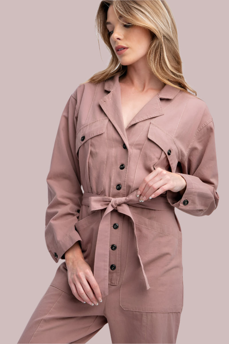 Mauve twill button down jumpsuit