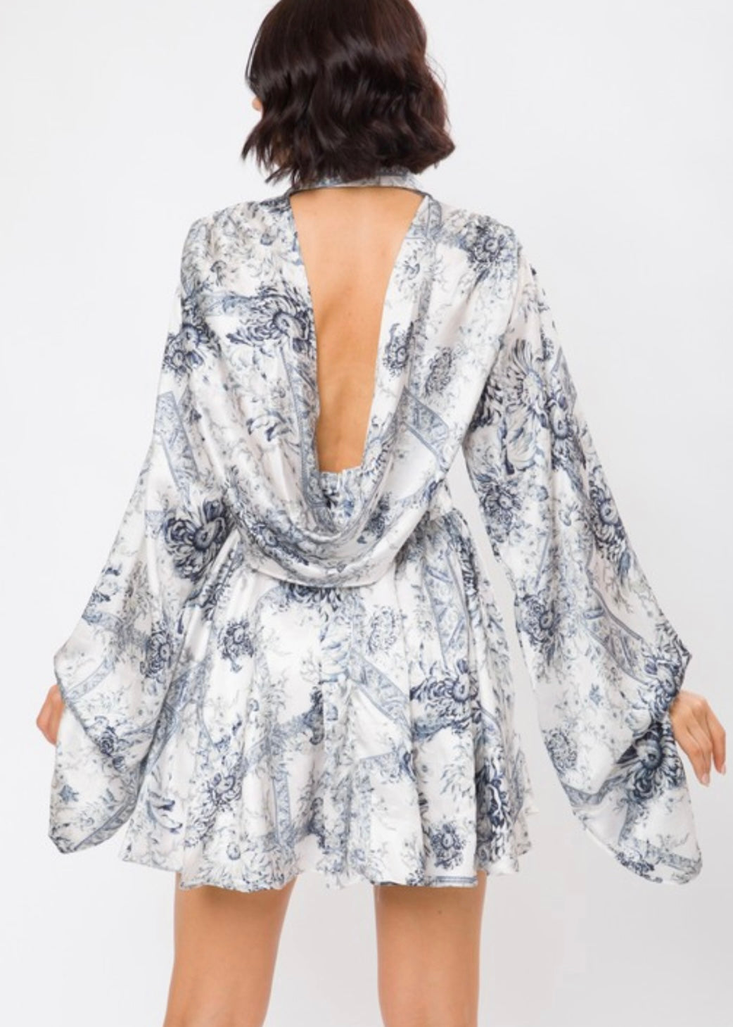 Bloom satin corset draped back dress
