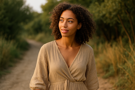 A candid, photo of a young woman with curly hair and green eyes walking along a sunlit dirt path surrounded by tall grass and trees. She wears a relaxed beige linen dress and looks off to the side with a gentle smile, capturing a serene, natural moment.