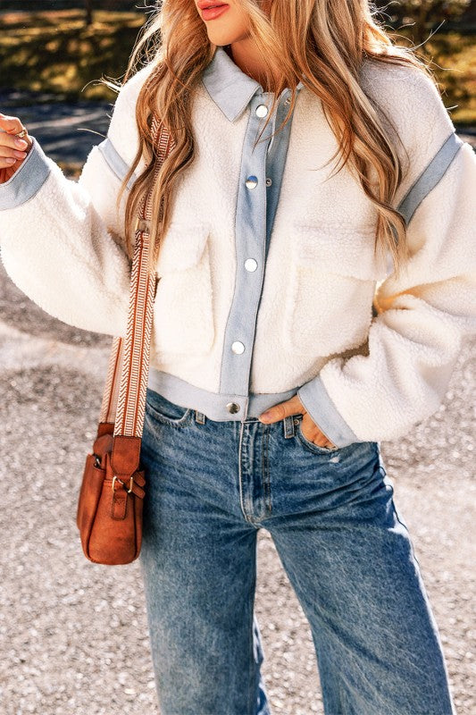 Solid Contrast Trim Buttoned Sherpa Jacket — alternate view