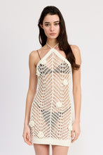 Load image into Gallery viewer, HALTER NECK CROCHET DRESS WITH FLOWER DETAIL
