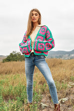 Load image into Gallery viewer, Two-Tone Floral Square Crochet Open Knit Cardigan
