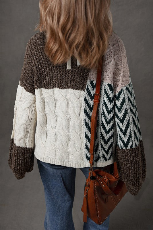 Colorblock Cable Knit Patchwork Tied Back Sweater — alternate view