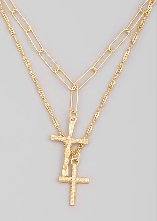 Paper clip cross 18k gold dipped layering necklace