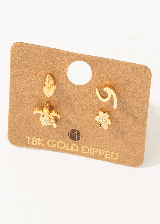 Mismatch dainty 18k gold dipped ocean stud earrings- wave, turtle, flower, shell