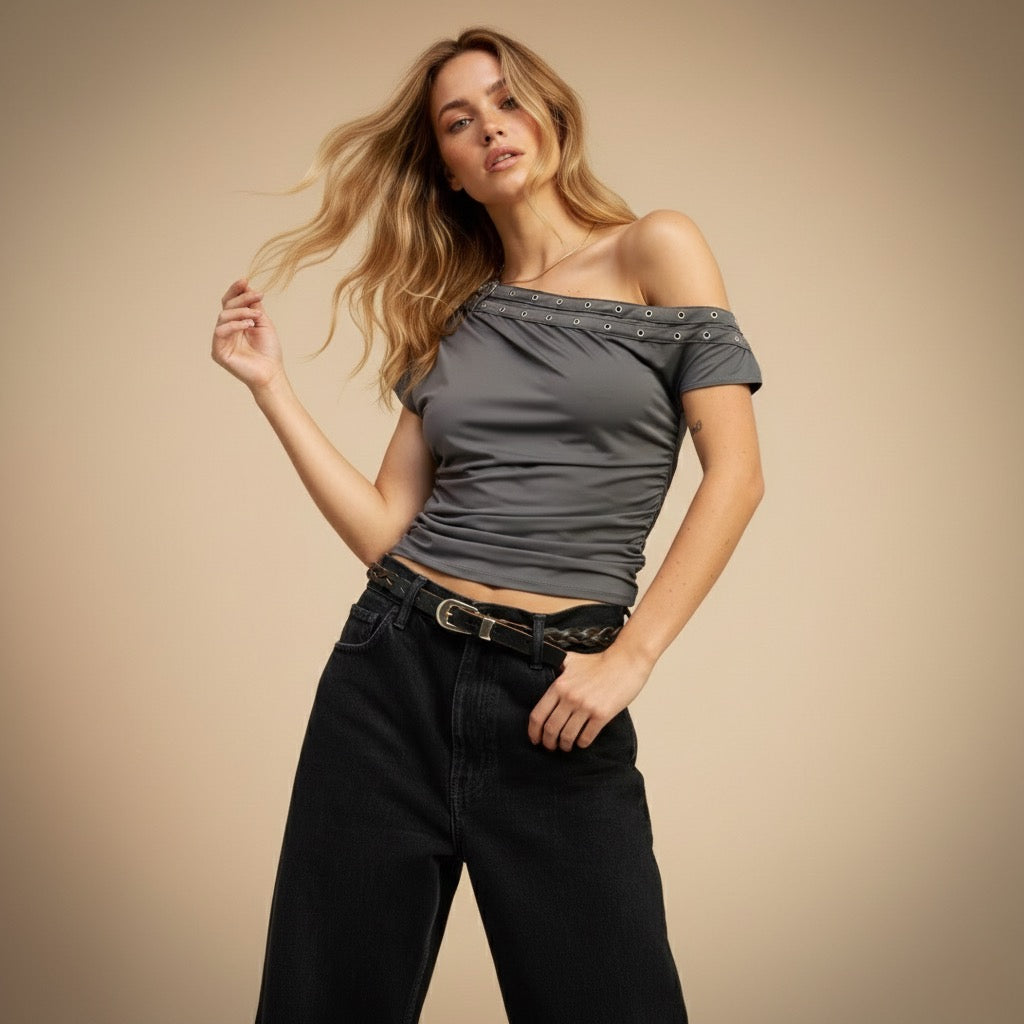 GROMMET BELTED ASYMMETRICAL TOP