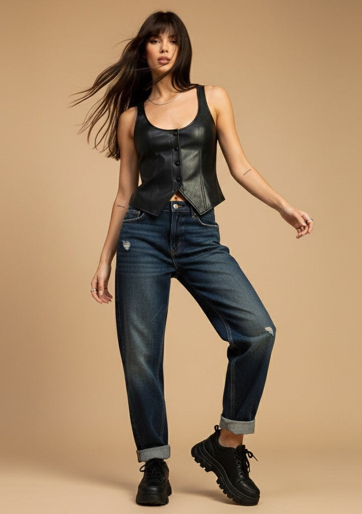 BUTTON UP LEATHER VEST TOP