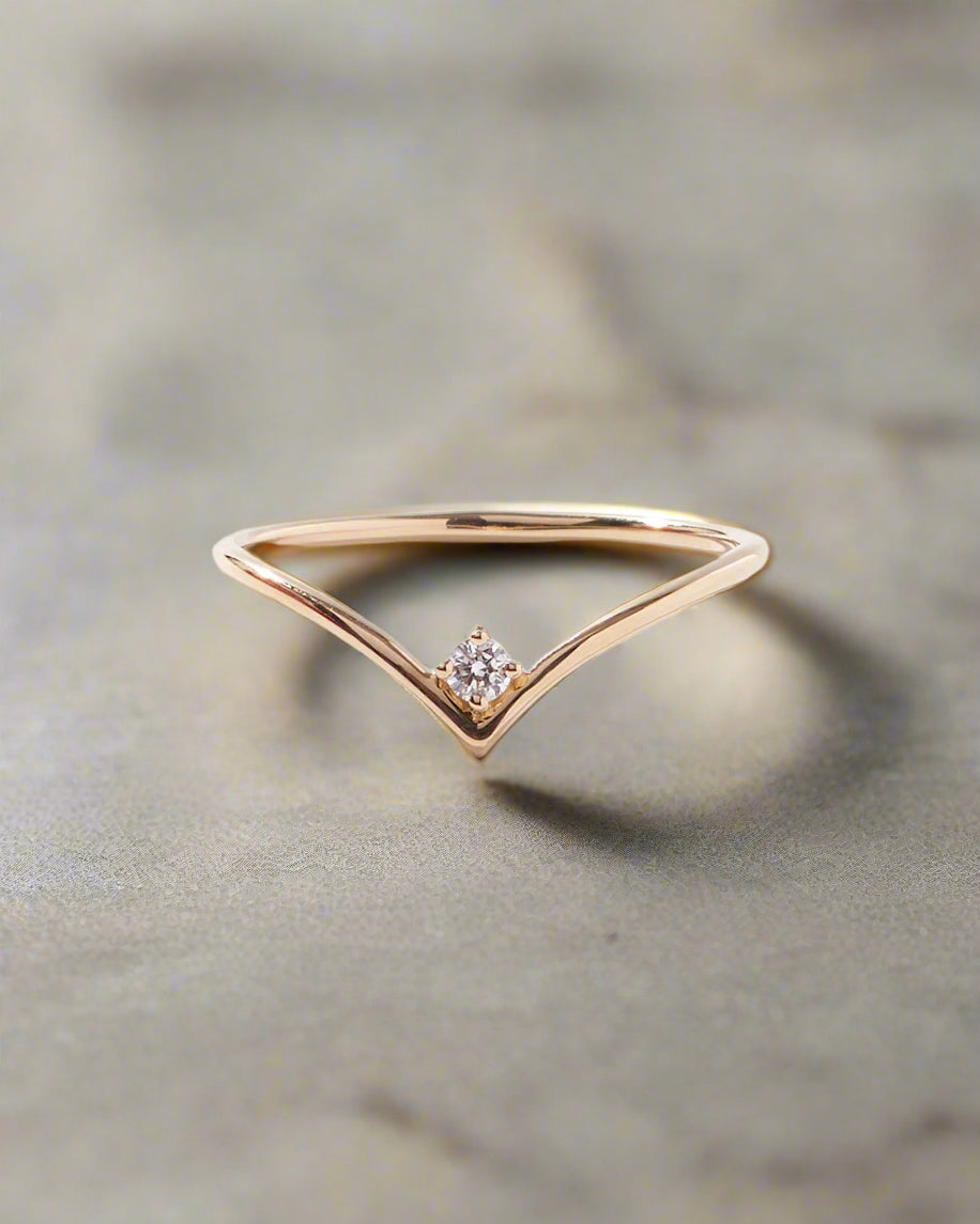 14K Gold Solitaire Diamond Chevron Ring