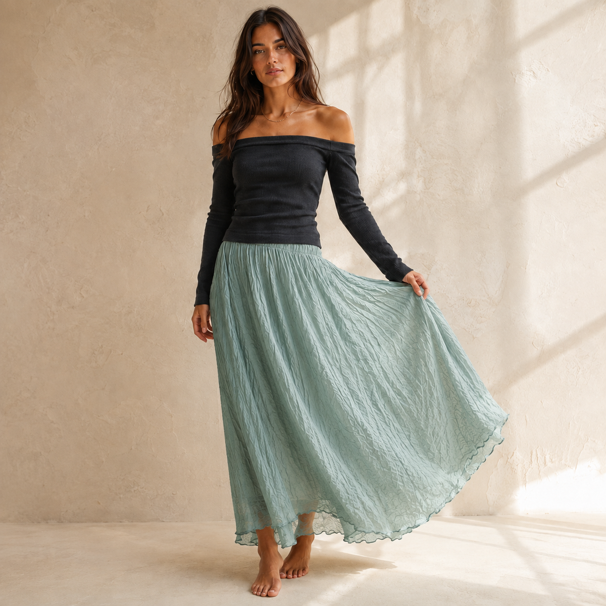 Mori Textured Cotton-Linen A-Line Maxi Skirt