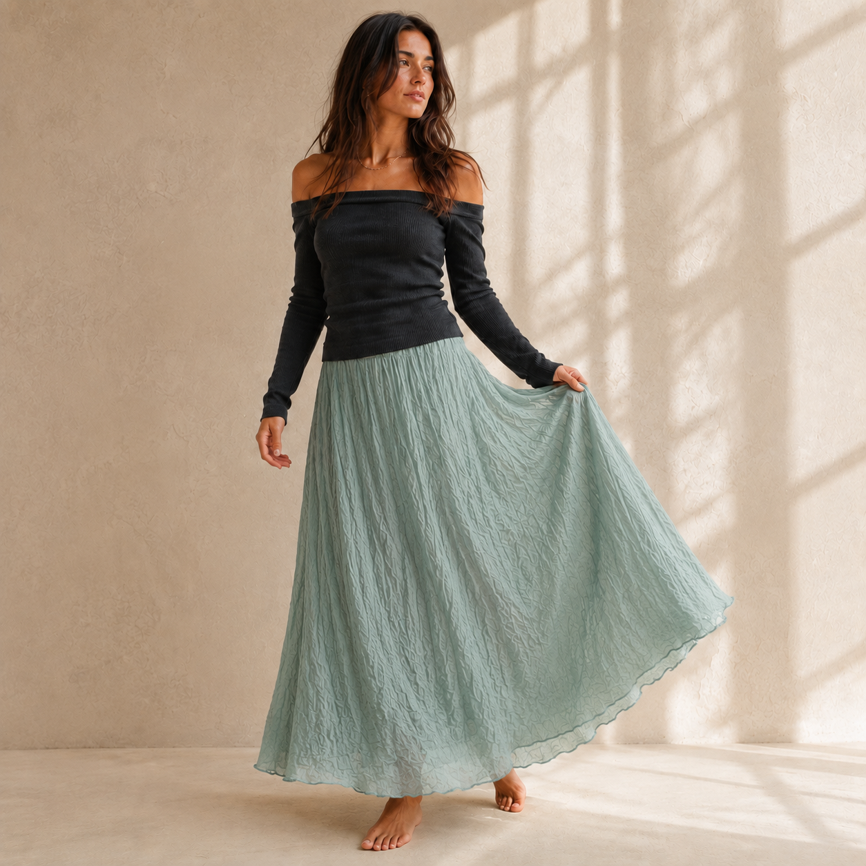 Mori Textured Cotton-Linen A-Line Maxi Skirt
