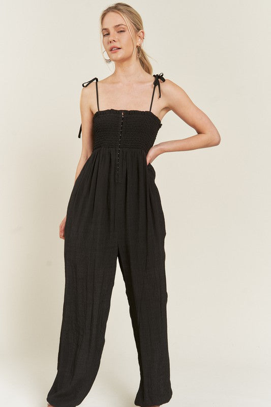SMOCKED TIE STRAP JUMPSUIT — alternate view