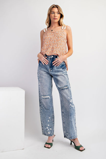 High waisted distressed washed denim