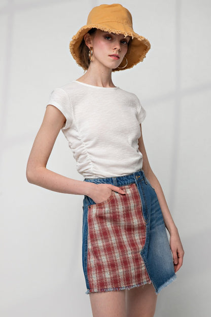 Dark washed plaid mix mini skirt