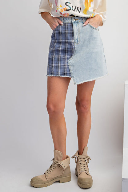 Light washed plaid mix mini skirt